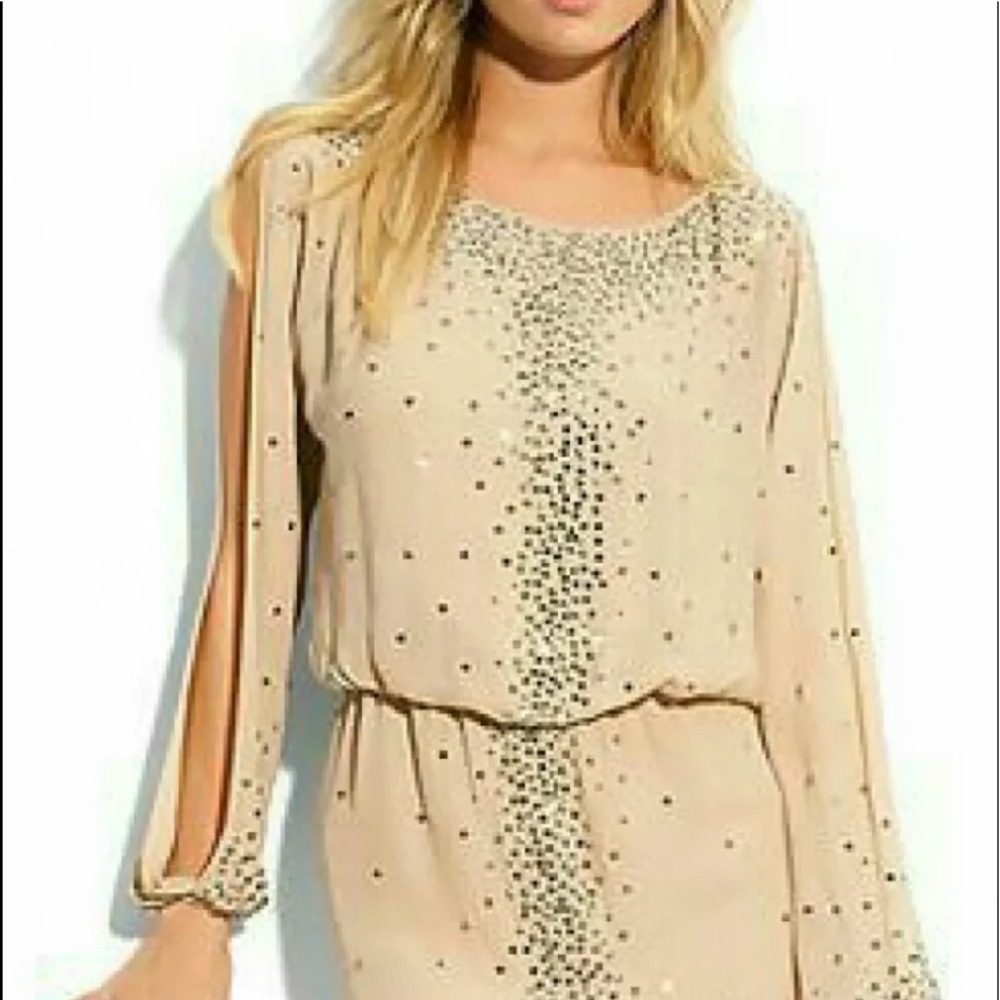 HAUTE HIPPIE Long Slit Balloon Sleeve Blouson Elastic Waist Fully Studded DressS - Picture 5 of 14